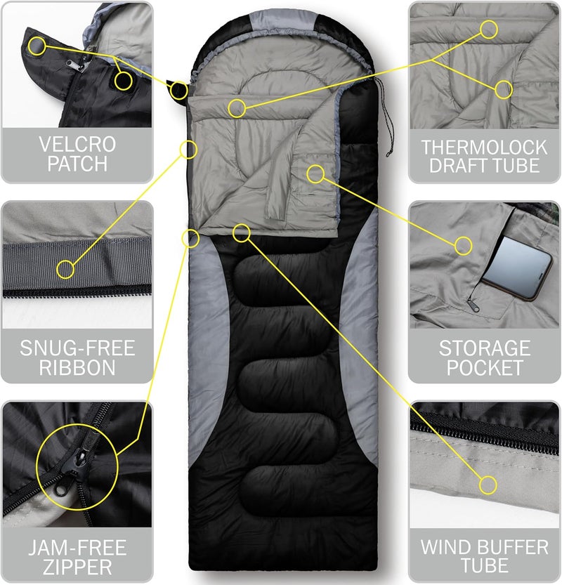 rioyalo 0 Degree Winter Sleeping Bags for Adults Camping (450GSM) - Temp Range (5F–32F) Portable Waterproof Compression Sack- Camping Sleeping Bags for Big and Tall in Env Hoodie: Backpacking Hiking 4 Season - Image 5